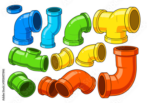Collection of colorful plumbing pipes and connectors in various shapes and sizes