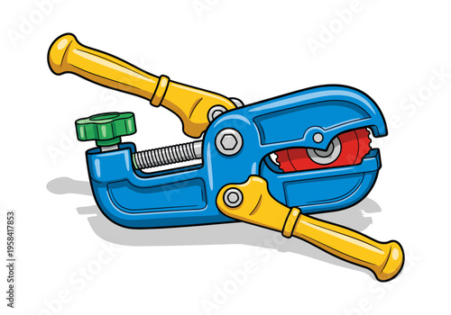 Blue and yellow pipe cutter tool with sharp red cutting wheel