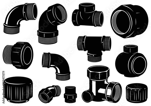 Collection of black plumbing fittings and connectors on a white background
