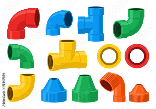 Collection of colorful plumbing pipe fittings and connectors on a white background