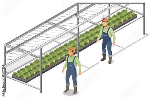 Isometric illustration of a modern indoor farm with two workers