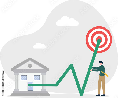 Businessman looking at a target with a bank building at the start of a financial growth graph