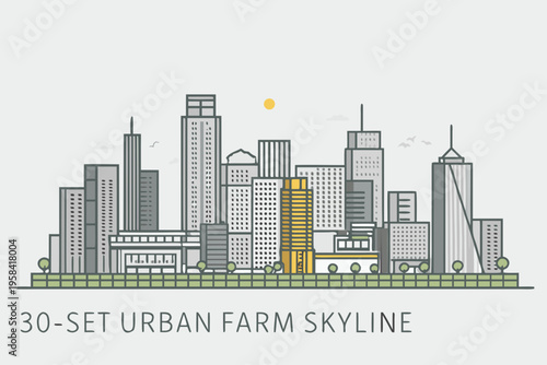 Stylized cityscape illustration featuring modern buildings and a bright sun