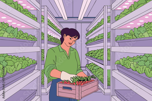 Woman tending to fresh produce within a brightly lit indoor vertical farm