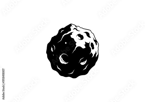 Stylized black and white illustration of a rocky asteroid with craters