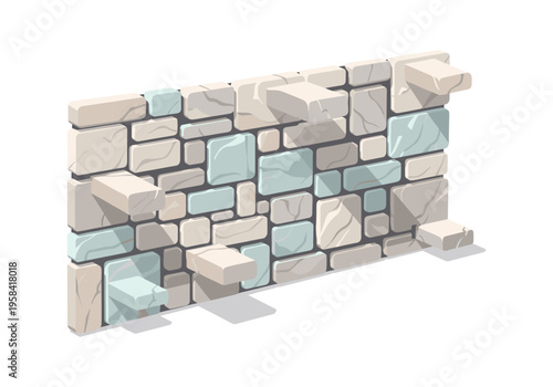 Isometric view of a textured stone wall with protruding blocks and shadows