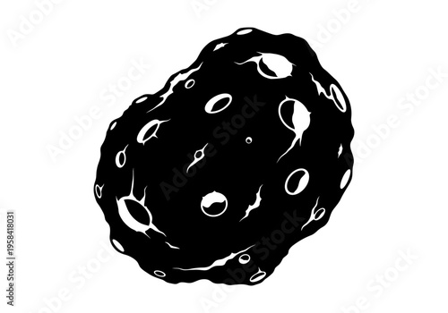 Stylized black asteroid with craters and irregular shape against a white background