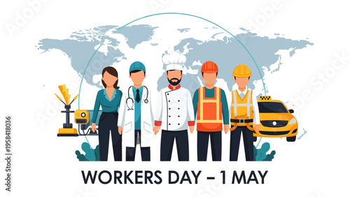 Workers' Day Celebration: A diverse group of workers representing various professions stands united.