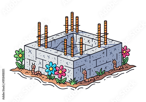 Cute cartoon foundation of a house under construction with happy worms and flowers