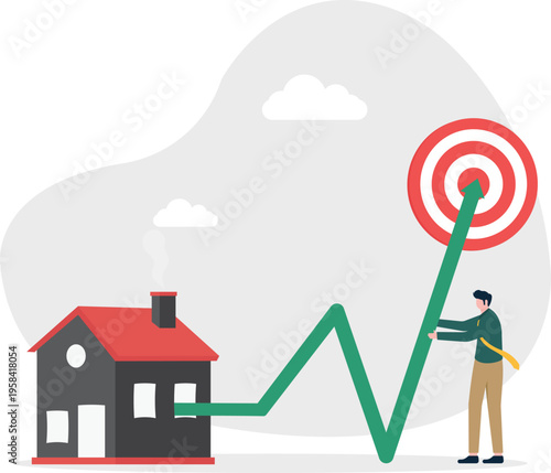 Businessman looking at a home building and a target connected by a zigzag growth graph