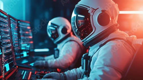 Astronauts in spacesuits operate advanced computers inside a high-tech space station control room.