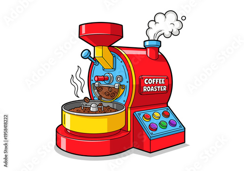 Cartoon coffee roasting machine with beans and steam, vibrant colors
