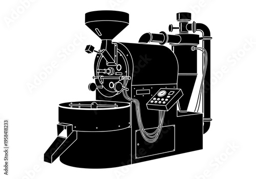 Modern coffee roasting machine with digital control panel and cooling tray