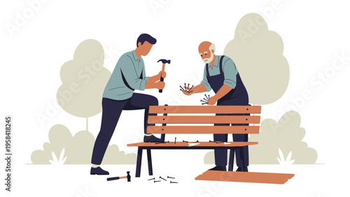 Bench Building Bond: A young man and an elder person collaborate in a park, engrossed in crafting a bench, symbolizing a harmonious fusion of experience and youthful vitality. 