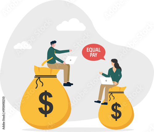 Man and woman sitting on large money bags representing gender equality and equal pay gap