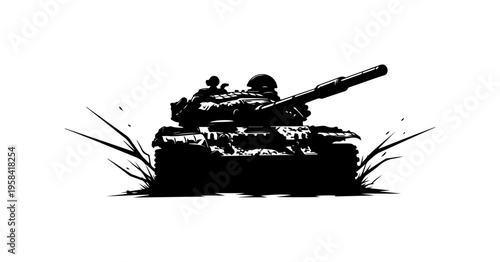 Military Tank in Grass Terrain Vector Art