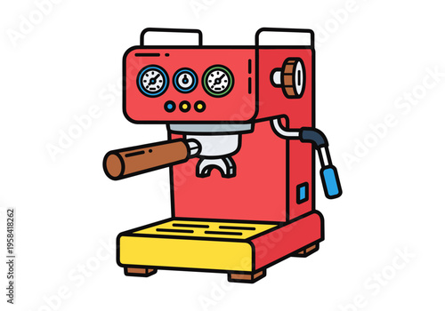 Vibrant red espresso machine with gauges and portafilter, modern illustration