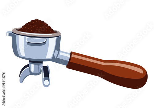 Espresso machine portafilter filled with ground coffee beans ready for brewing