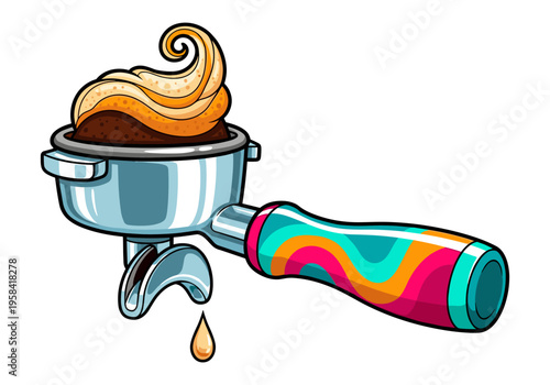 Espresso machine portafilter with colorful handle and crema on white background