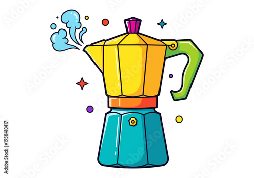 Vibrant cartoon moka pot brewing hot coffee with steam and colorful accents