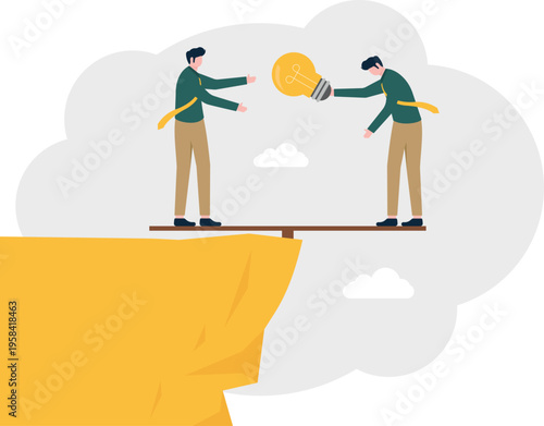 Two businessmen standing on a wooden plank over a cliff exchanging a creative lightbulb idea