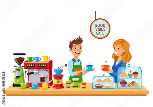 Friendly barista serving coffee and pastries at a vibrant cafe counter