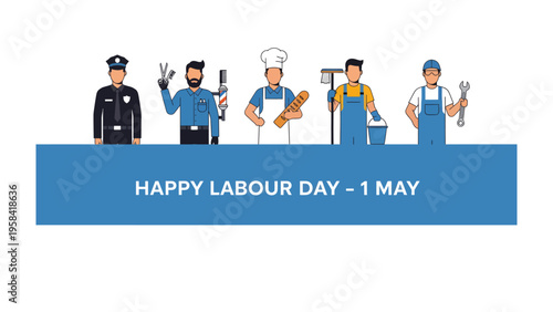 Happy Labour Day Illustration: A vibrant illustration for Labour Day, showcasing diverse professions in a celebratory graphic, highlighting the value of workers and their contributions to society. 