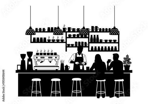 Barista preparing coffee for customers at a modern cafe counter with espresso machine