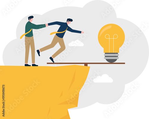 Businessman pushing a man on a plank over a cliff with a lightbulb representing failed ideas