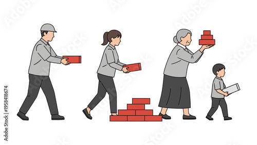 Building Dreams: A visual metaphor of different generation contributes to a construction project, symbolizing the strength of family and collaborative achievement.