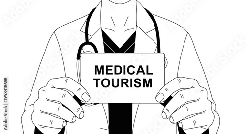 Doctor holding a sign that says "MEDICAL TOURISM" in a continuous line art style.