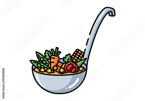Cartoon ladle filled with fresh vegetables and broth, perfect for healthy eating