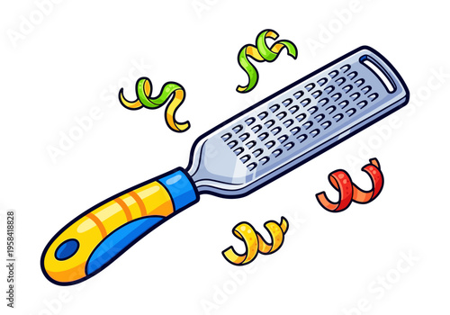 Cartoon grater with colorful citrus zest swirls on white background