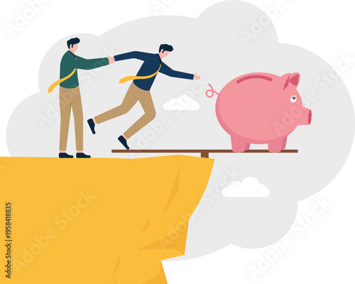 Businessman pushing a man on a plank over a cliff with a piggy bank representing savings risk