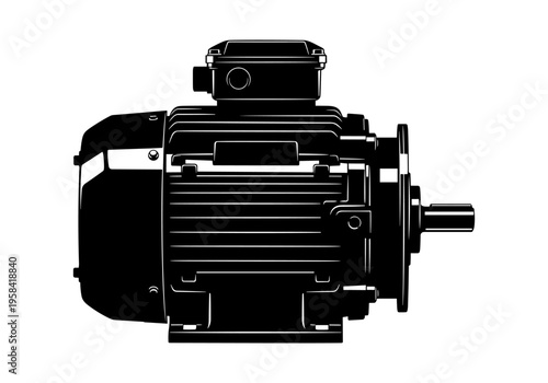 Industrial electric motor silhouette with shaft and terminal box on white background