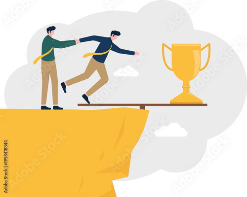 Businessman pushing a man on a plank over a cliff with a trophy representing competitive loss