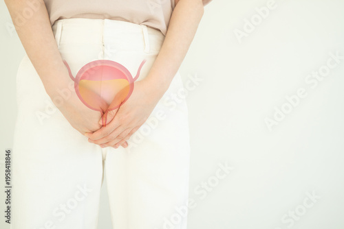 Bladder with urine illustration on female body against white background. Woman have bladder problems include urinary tract infections, urinary incontinence or urinary retention. Human urinary system.