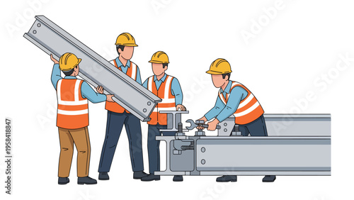 Building Unity: A team of construction workers collaborate to assemble a vital structural beam, showcasing the essence of teamwork and precision in the construction industry.