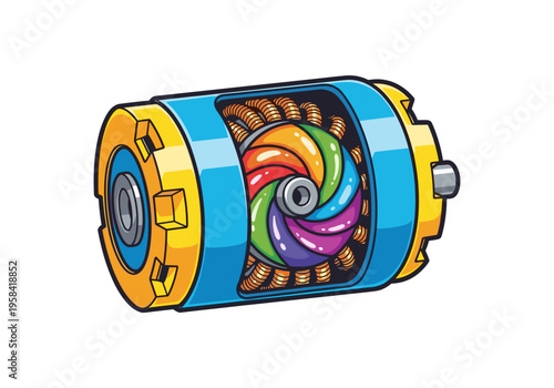 Colorful electric motor cutaway showing internal components and copper windings