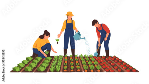 Cultivating Abundance: Illustrative depiction of dedicated farm workers nurturing a vibrant garden bed, embodying the essence of growth and hard work.