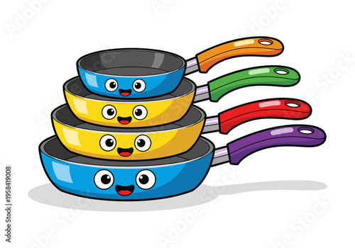 Stack of colorful cartoon frying pans with happy faces and different colored handles