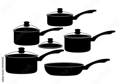 Collection of black silhouette cookware including pots and a frying pan