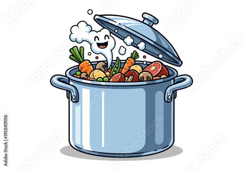 Cartoon pot of delicious stew with happy steam rising and ingredients visible
