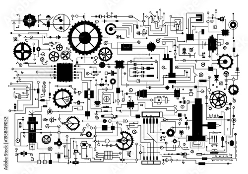 Intricate schematic diagram of complex mechanical and electrical systems with gears