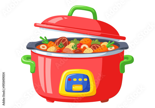 Cartoon slow cooker filled with hearty stew and vegetables