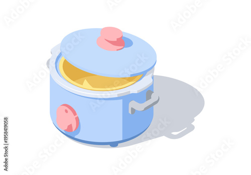 Isometric illustration of a blue slow cooker with a pink knob and lid