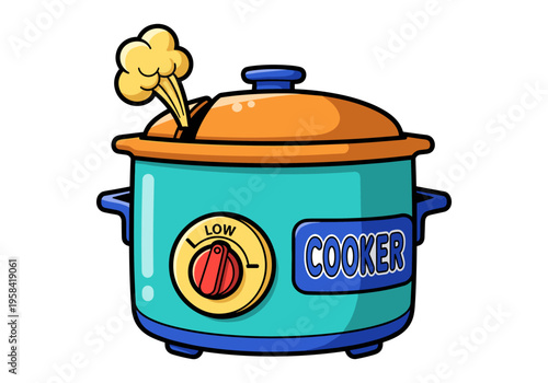 Cartoon slow cooker with steam coming out of the lid and a low setting dial