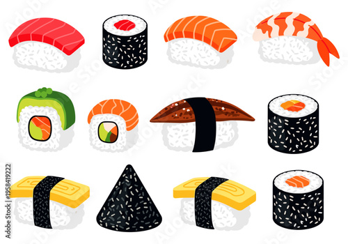 Assortment of delicious Japanese sushi and maki rolls on a white background