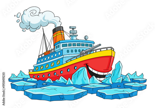 Cartoon icebreaker ship with a happy face navigating through icy waters