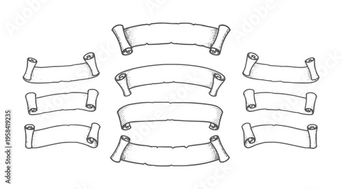 Collection of nine vintage hand drawn scroll banners in black and white